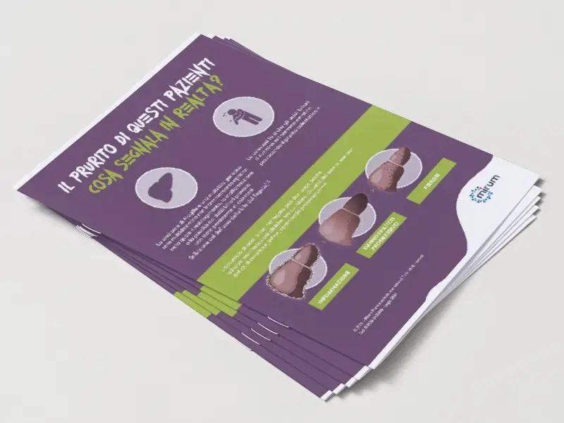 Pila di flyer Mirum Pharmaceuticals " Il prurito di questi pazienti cosa segnala in realtà?"