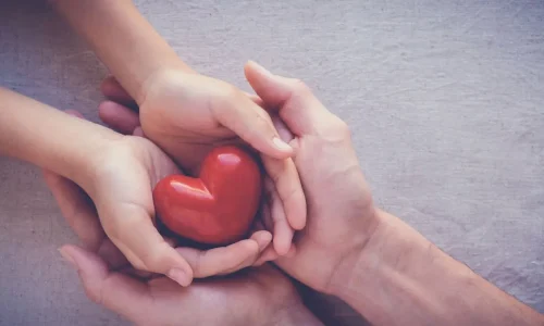 Le mani intrecciate di due persone sostengono un cuore. Dona ora!